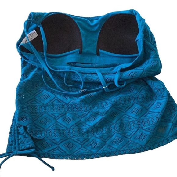 HULA HONEY NWT BLUE TEAL  CROCHET FLOUNCE TANKINI BATHING SUIT WEAR TOP XL - Picture 5 of 8